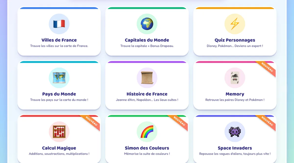 Écran d’accueil du Méga Quiz : une grille de jeux dont Villes de France, Capitales du Monde et Histoire de France.