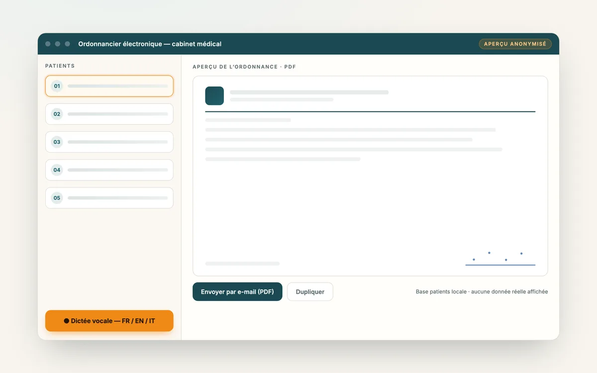 Interface anonymisée de l’ordonnancier : liste de patients numérotés, bouton de dictée vocale et aperçu du PDF à en-tête.