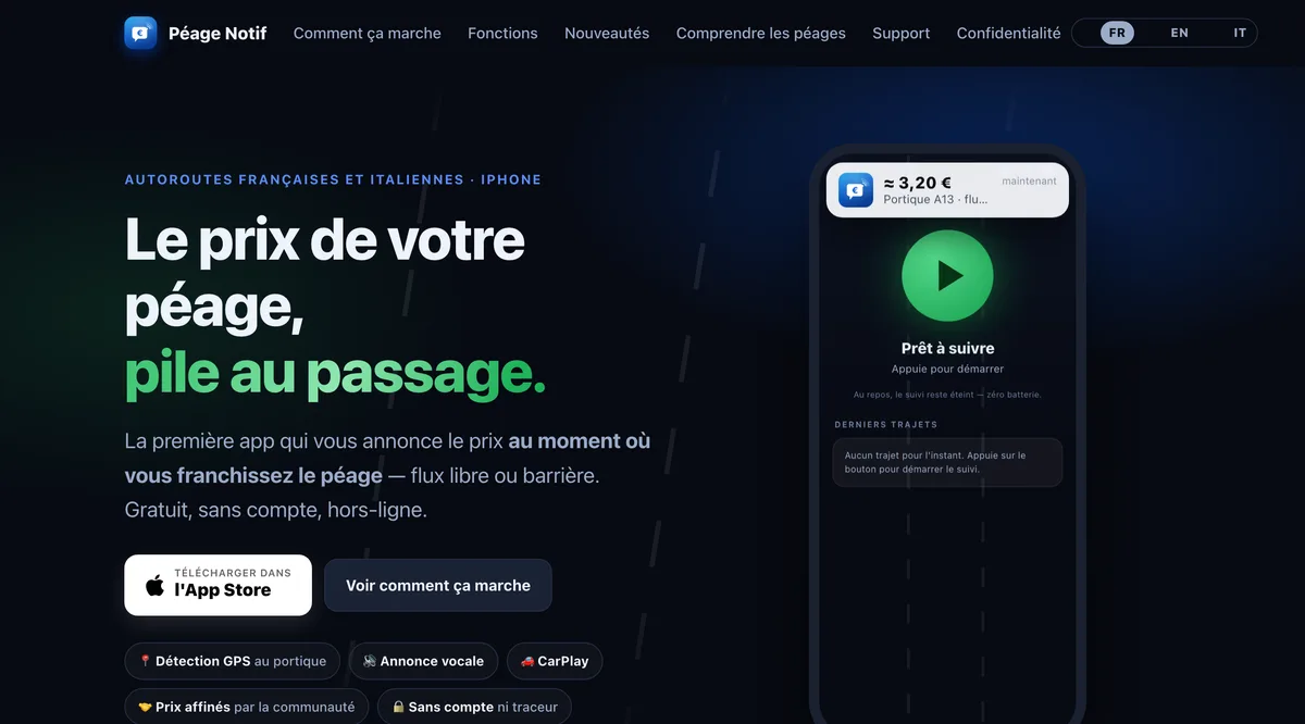 Site de Péage Notif : sur un iPhone, une notification annonce un péage à environ 3,20 € au moment du passage.