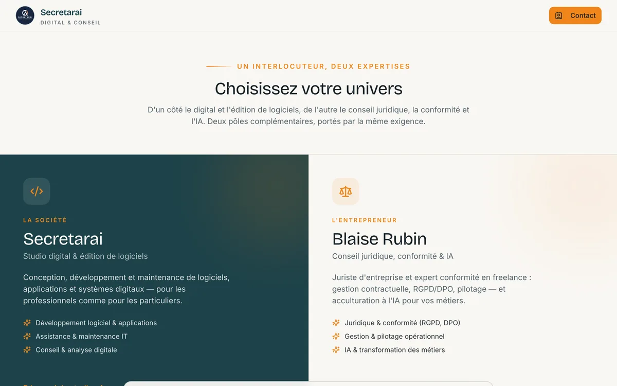 Page d’accueil de Secretarai : « Choisissez votre univers », avec le pôle studio digital et le pôle conseil juridique.